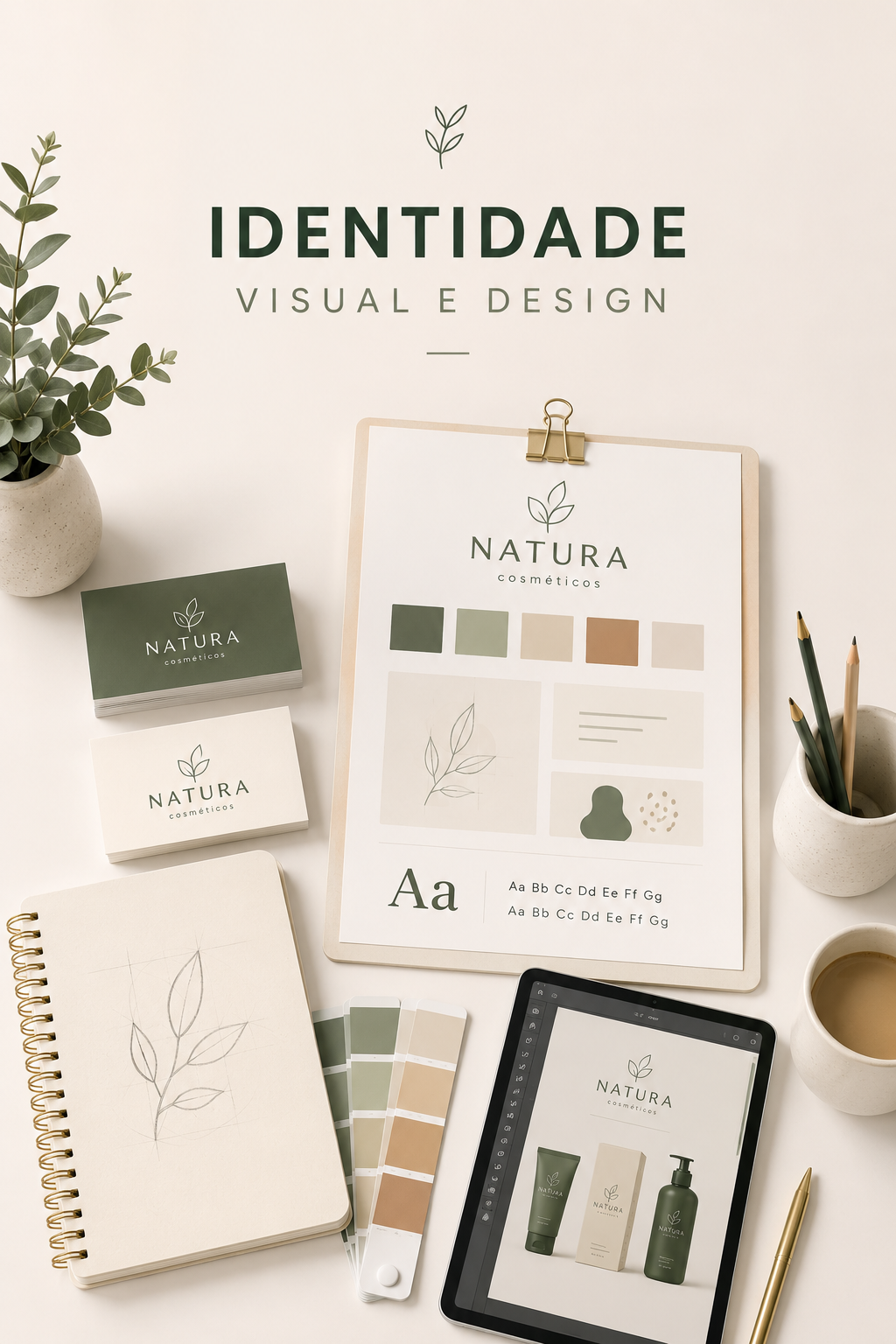 Mesa de criação visual com computador e referências de design